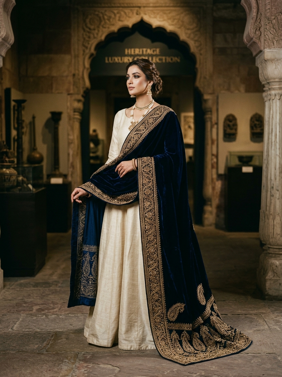 Midnight Velvet Embroidered Shawl Set