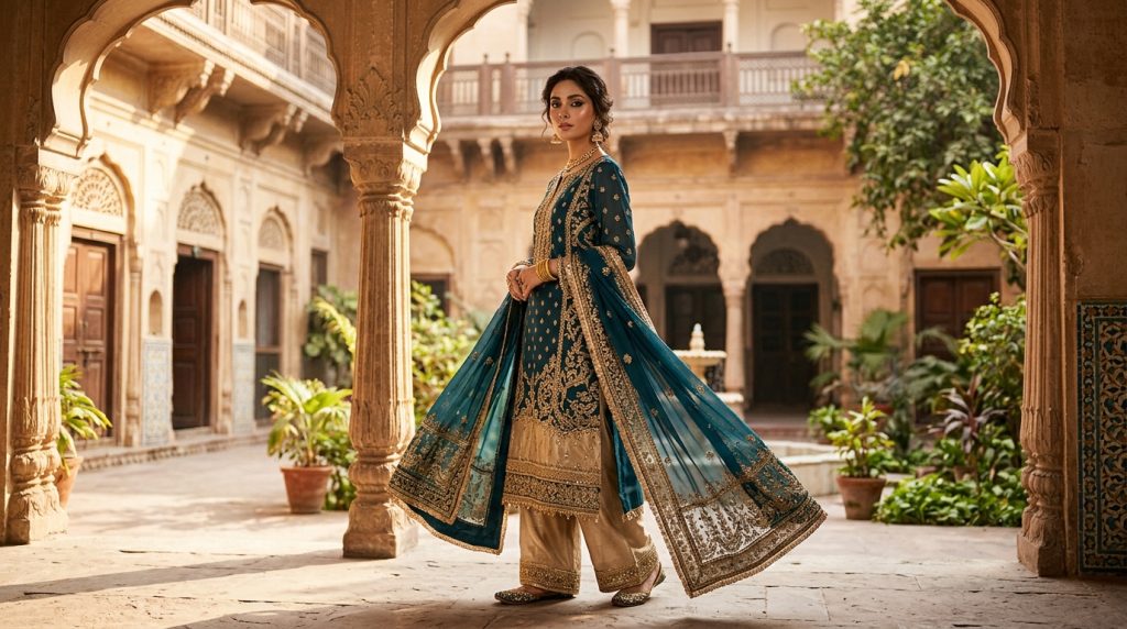 Teal & Gold Festive Chiffon 3-Piece