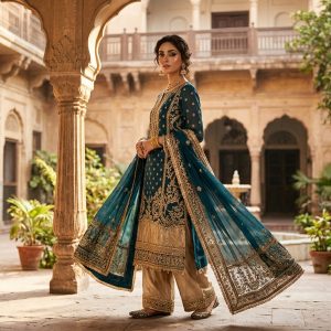 Teal & Gold Festive Chiffon 3-Piece