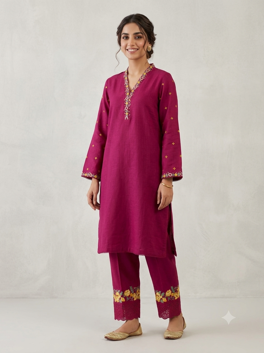 Vibrant Magenta Embroidered 2-Piece Slub Khaddar Suit - Image 2