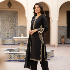 Elegant Jet-Black Embroidered 3-Piece Khaddar Suit