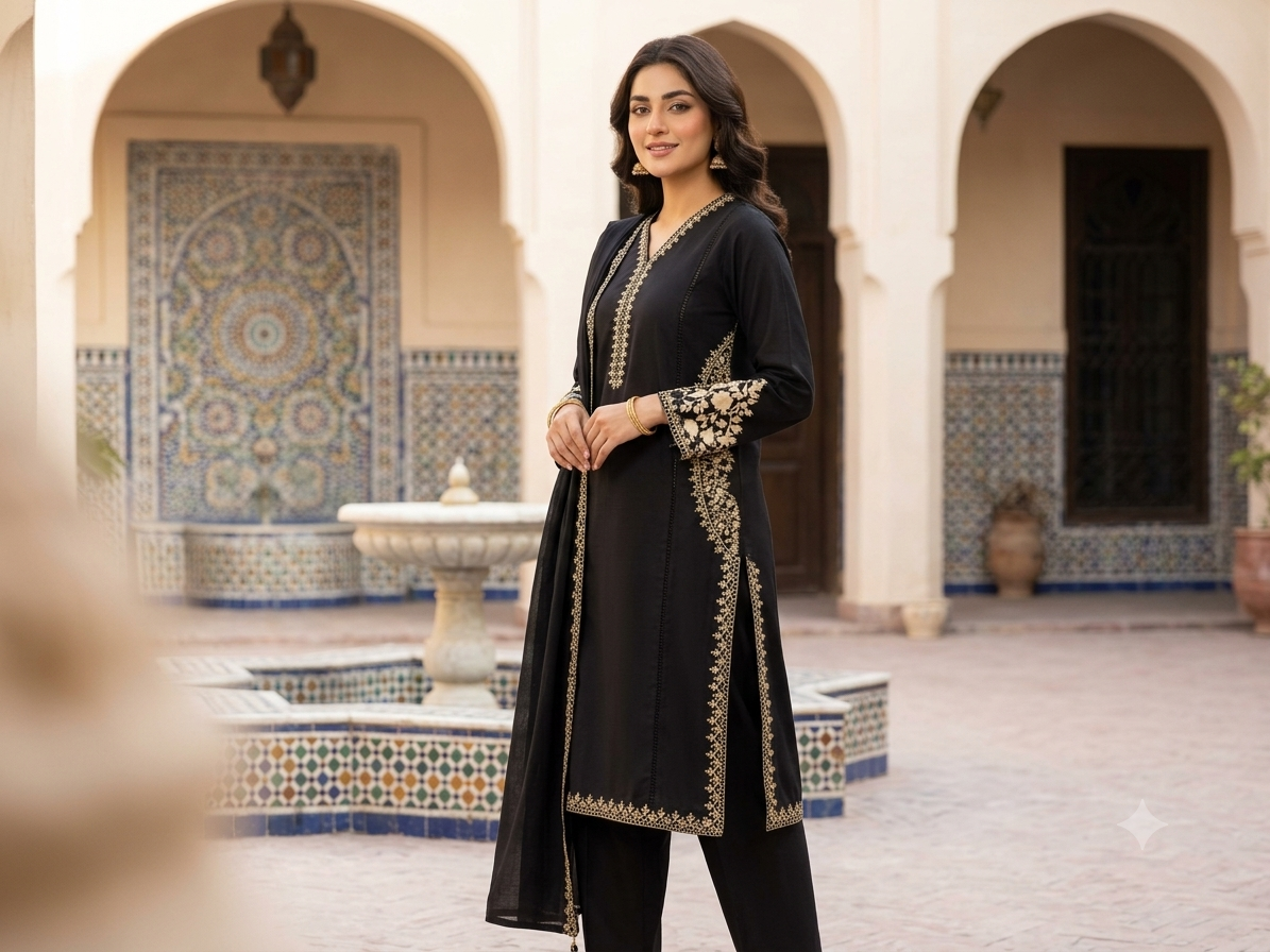 Elegant Jet-Black Embroidered 3-Piece Khaddar Suit