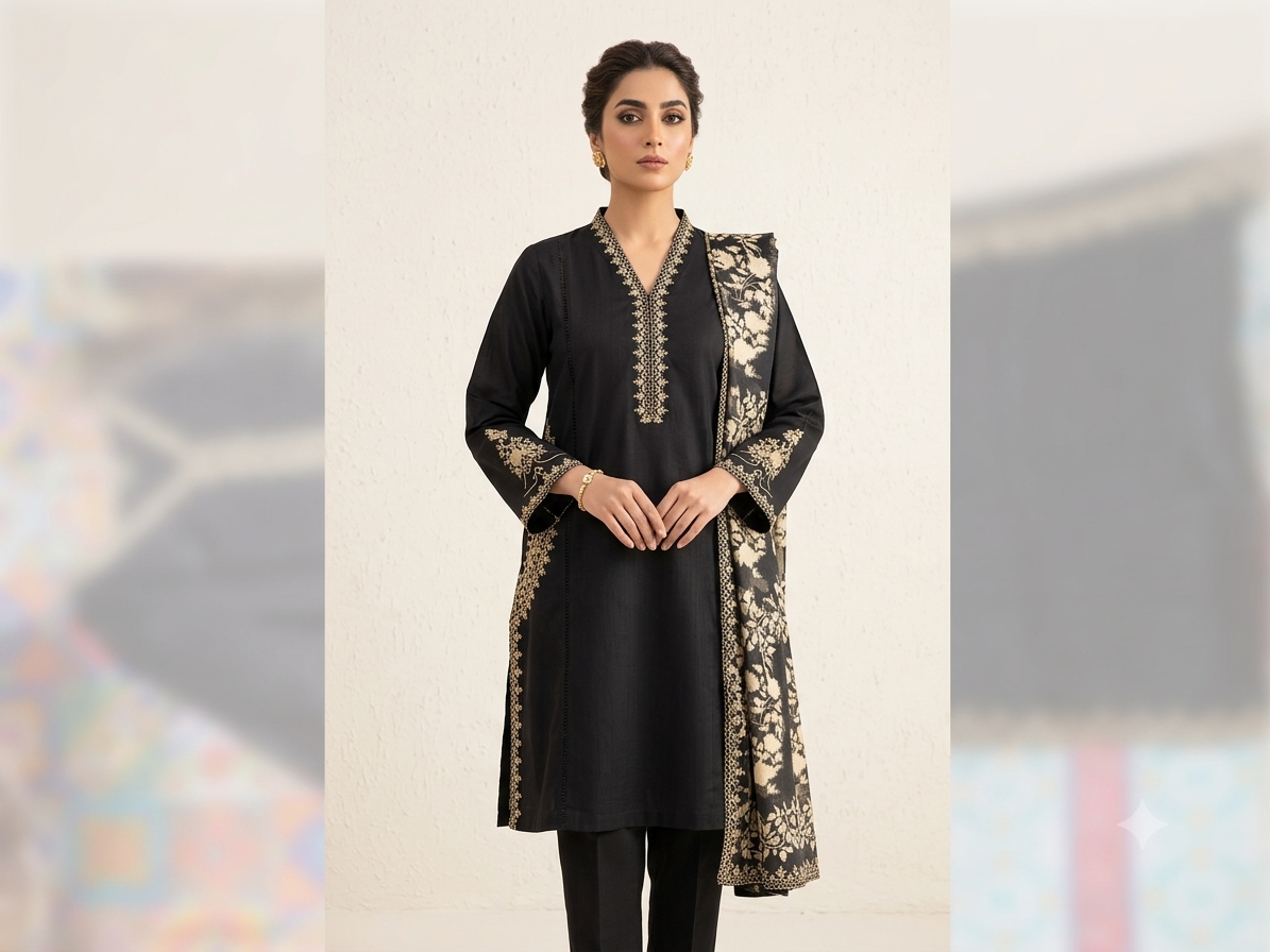Elegant Jet-Black Embroidered 3-Piece Khaddar Suit - Image 2