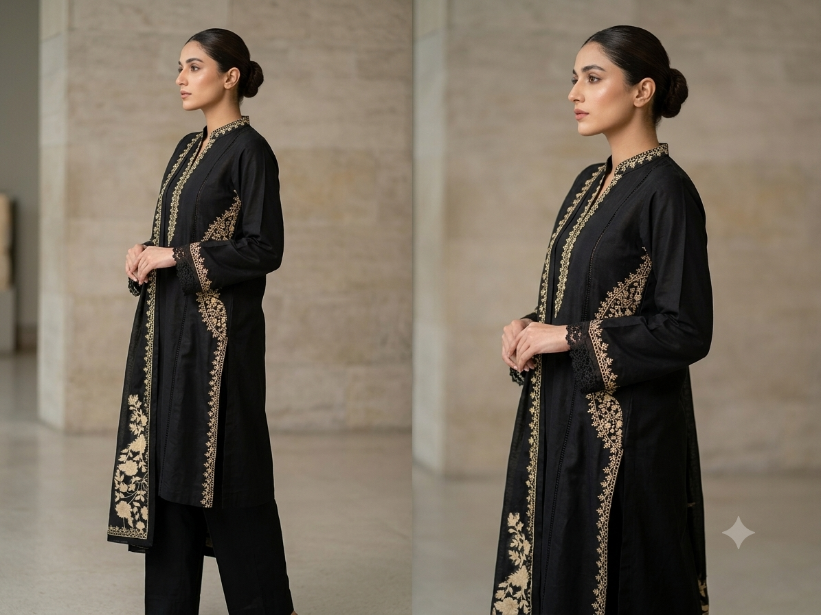 Elegant Jet-Black Embroidered 3-Piece Khaddar Suit - Image 3
