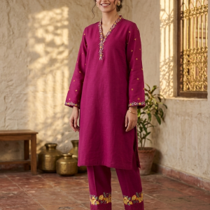 Vibrant Magenta Embroidered 2-Piece Slub Khaddar Suit
