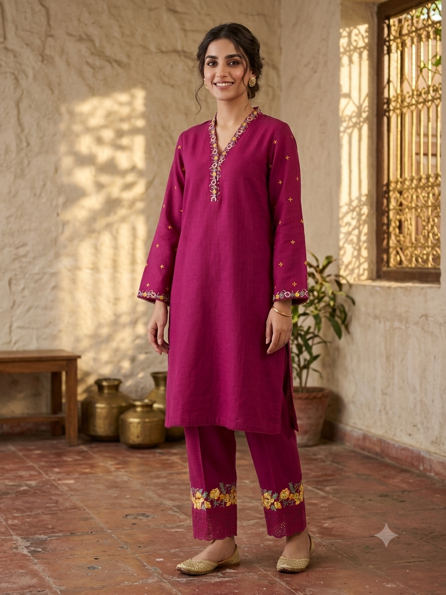 Vibrant Magenta Embroidered 2-Piece Slub Khaddar Suit