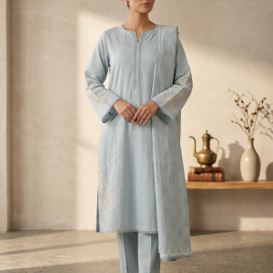 Serene Ice-Blue Embroidered 3-Piece Karandi Suit