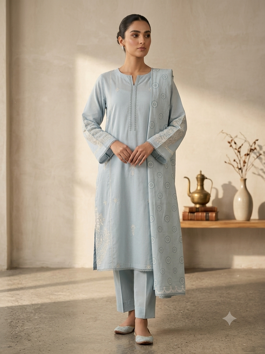 Serene Ice-Blue Embroidered 3-Piece Karandi Suit