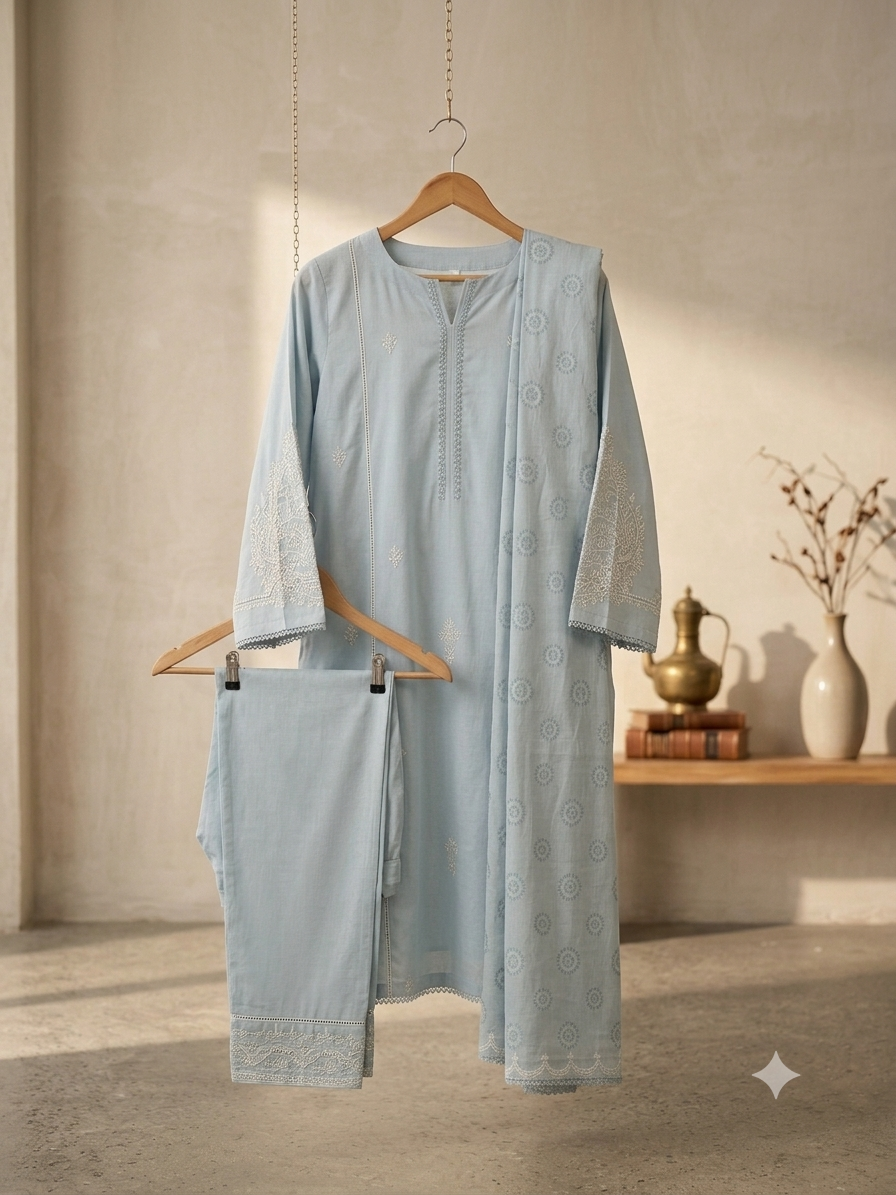 Serene Ice-Blue Embroidered 3-Piece Karandi Suit - Image 3