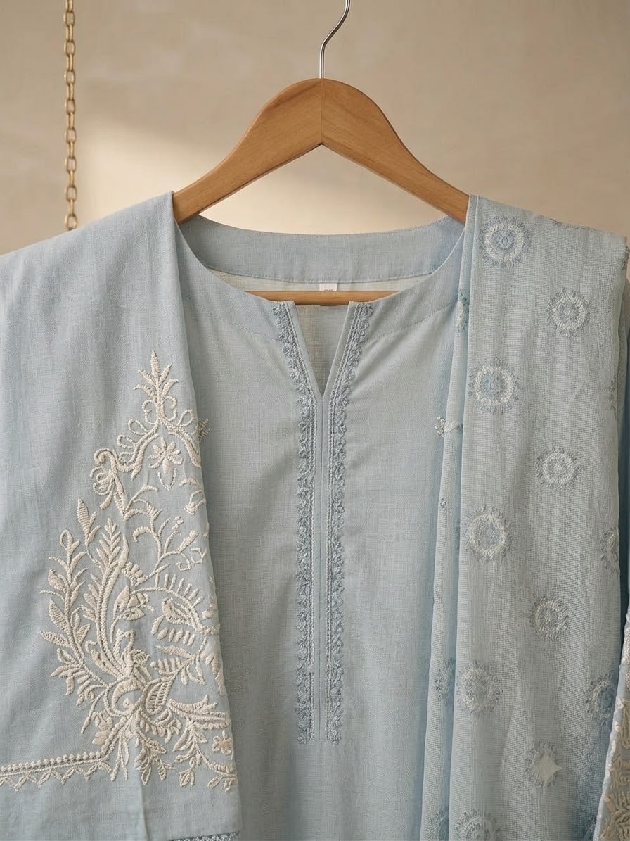 Serene Ice-Blue Embroidered 3-Piece Karandi Suit - Image 2