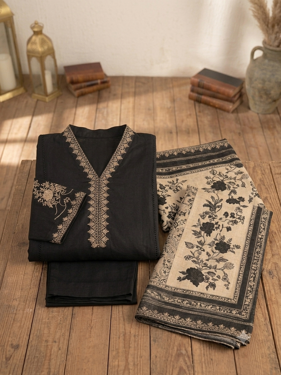 Elegant Jet-Black Embroidered 3-Piece Khaddar Suit - Image 4