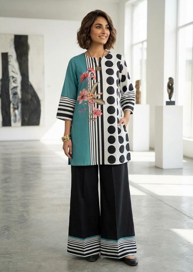 Modern Floral & Geometric Color-Blocked Tunic