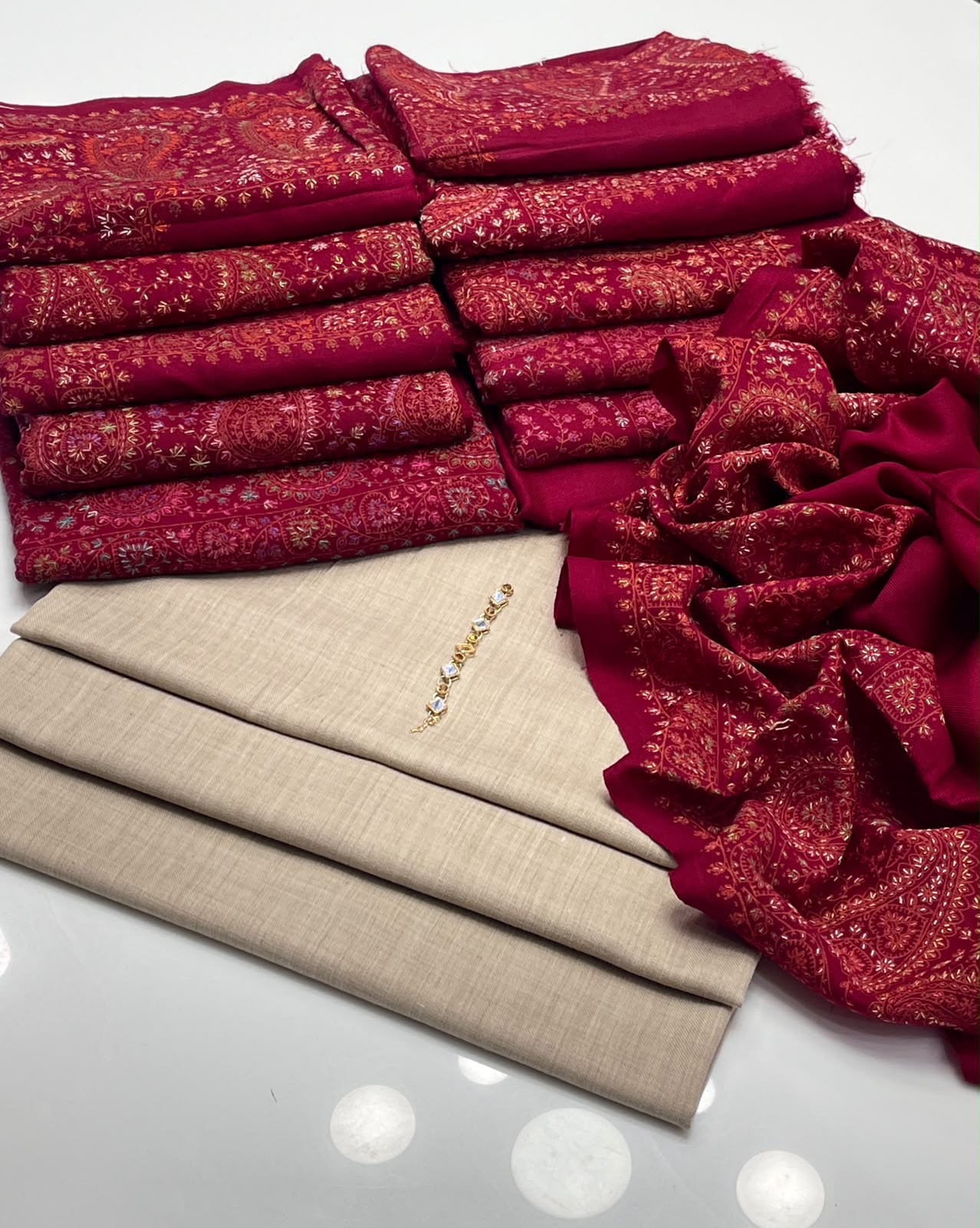 Unstitched Beige Suit with Embroidered Kashmiri Shawl - Image 2