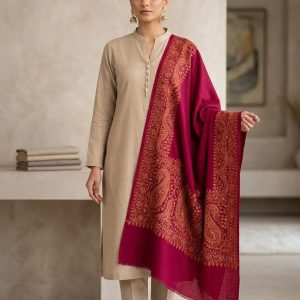 Unstitched Beige Suit with Embroidered Kashmiri Shawl