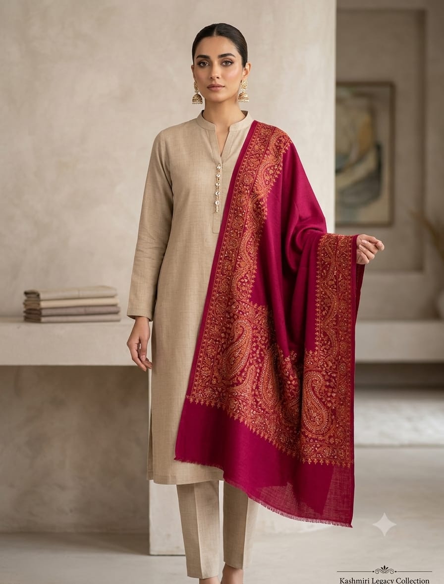 Unstitched Beige Suit with Embroidered Kashmiri Shawl