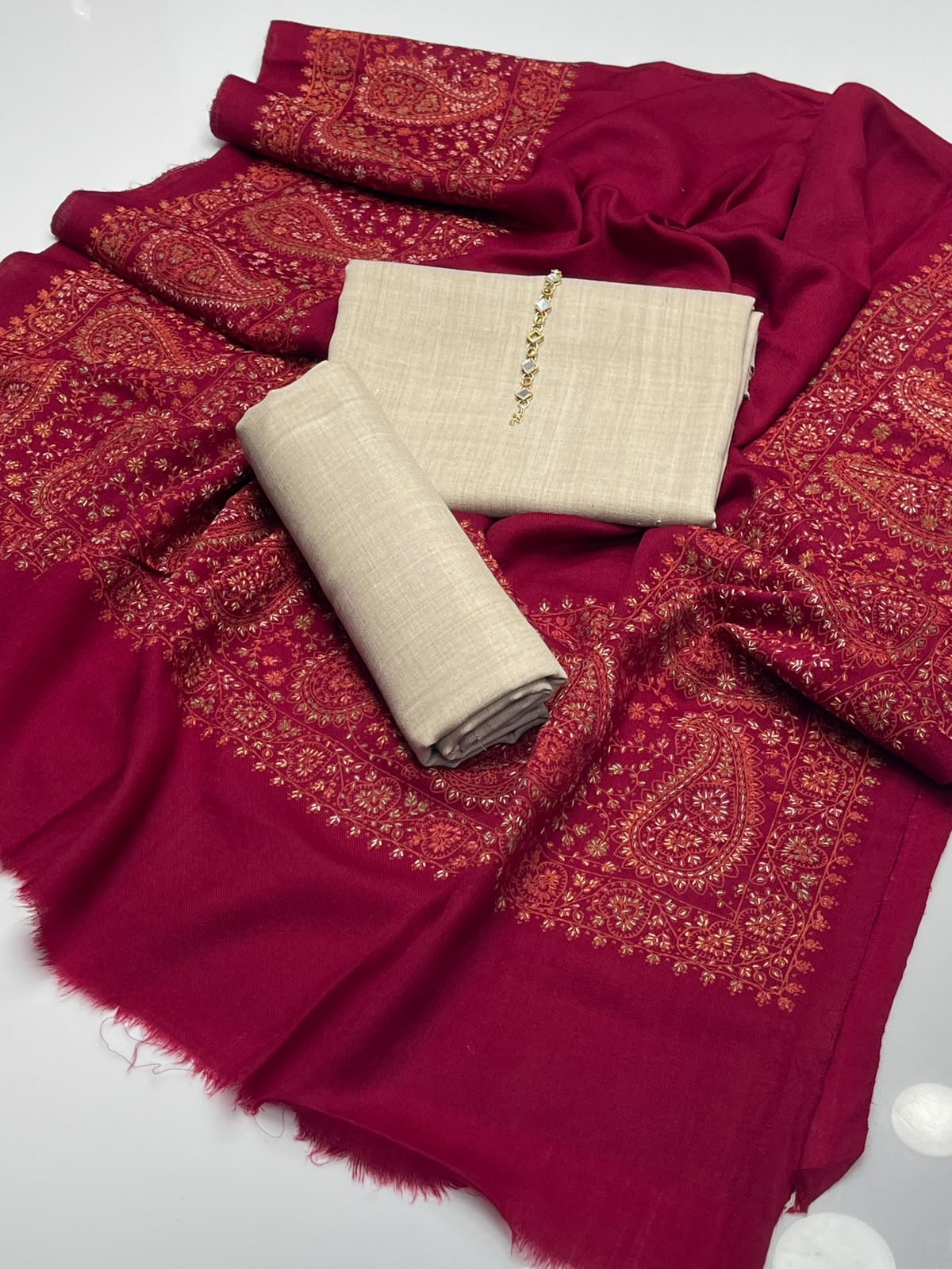 Unstitched Beige Suit with Embroidered Kashmiri Shawl - Image 3