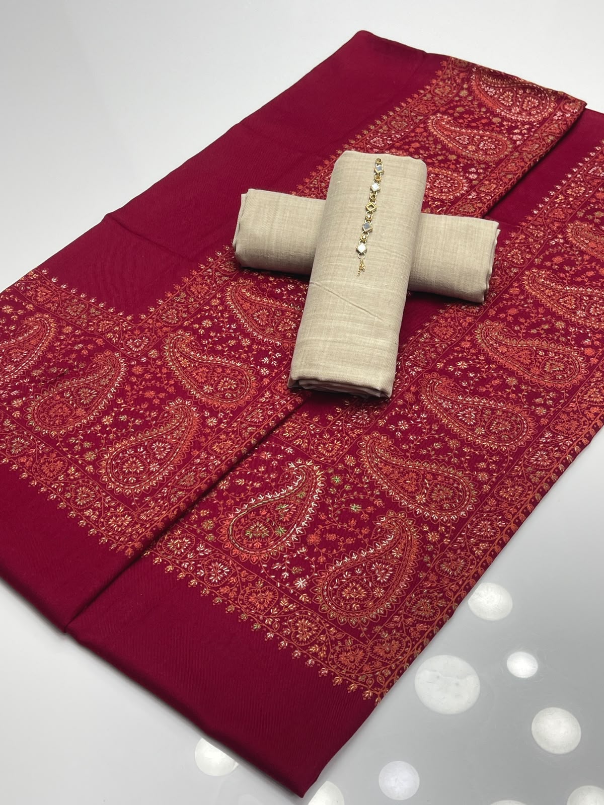 Unstitched Beige Suit with Embroidered Kashmiri Shawl - Image 4