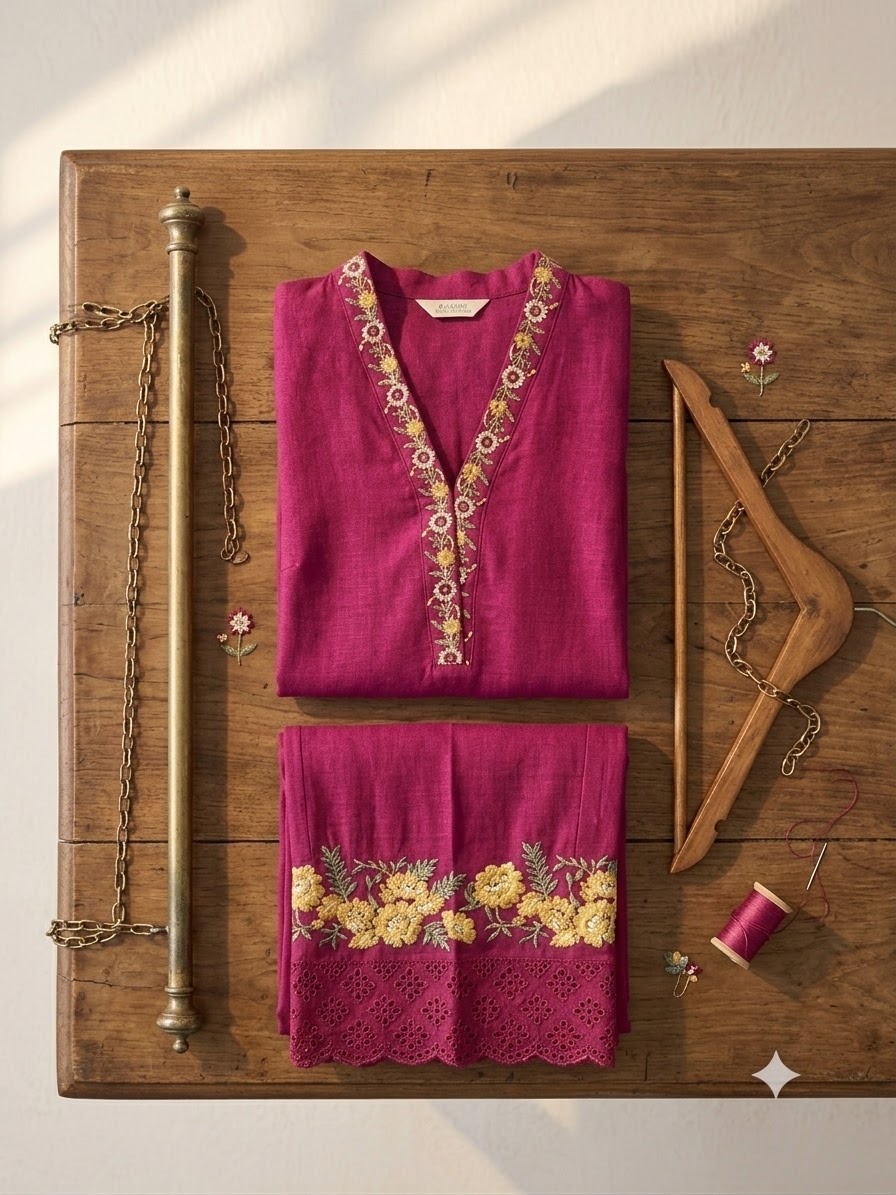 Vibrant Magenta Embroidered 2-Piece Slub Khaddar Suit - Image 4