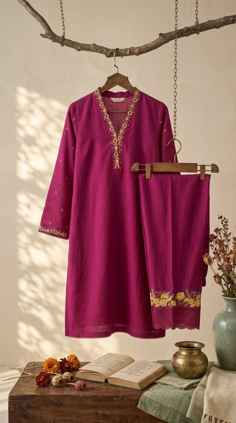 Vibrant Magenta Embroidered 2-Piece Slub Khaddar Suit - Image 3